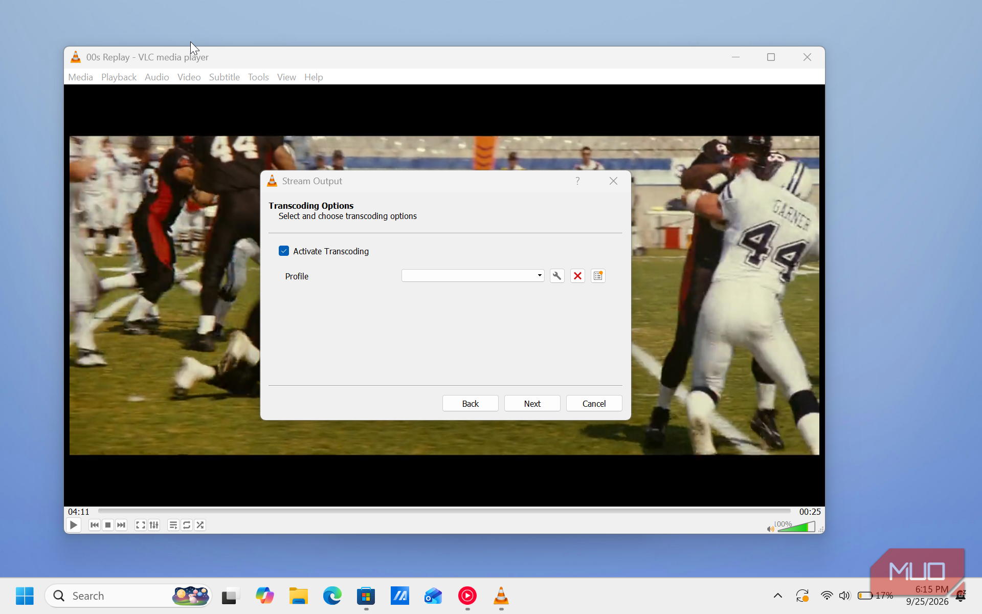 vlc media player transcoding options dialog football video
