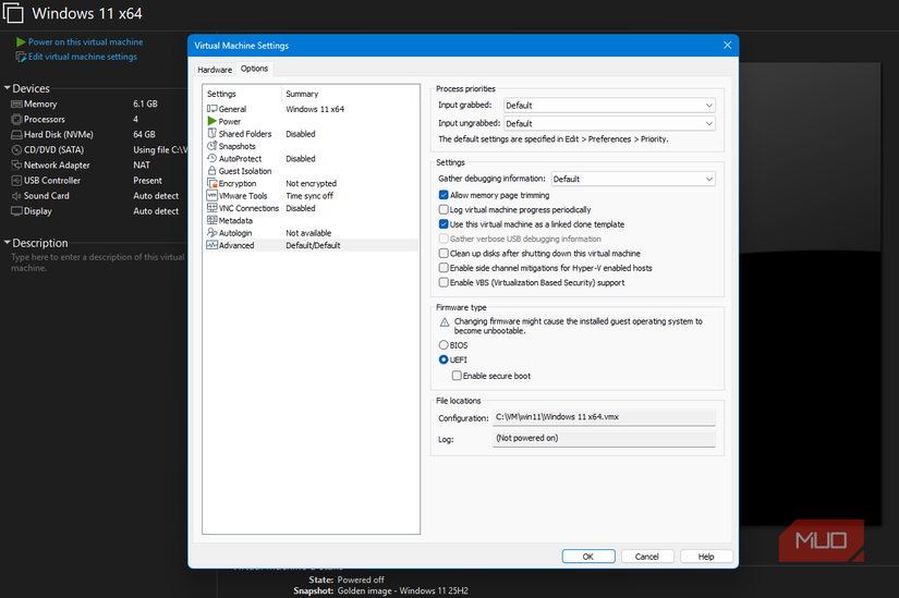 VMware advanced settings using the Windows 11 virtual machine as a protected linked-clone template
