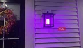 Wall lantern glowing purple with a Linkind smart bulb