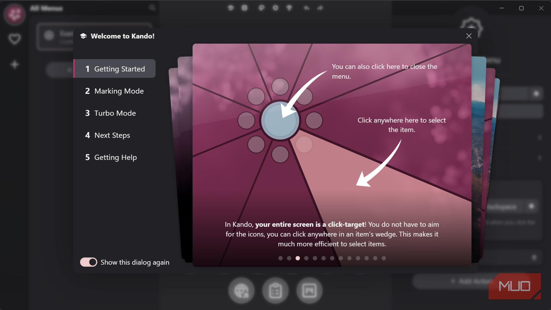 Welcome tutorial dialog for Kando app