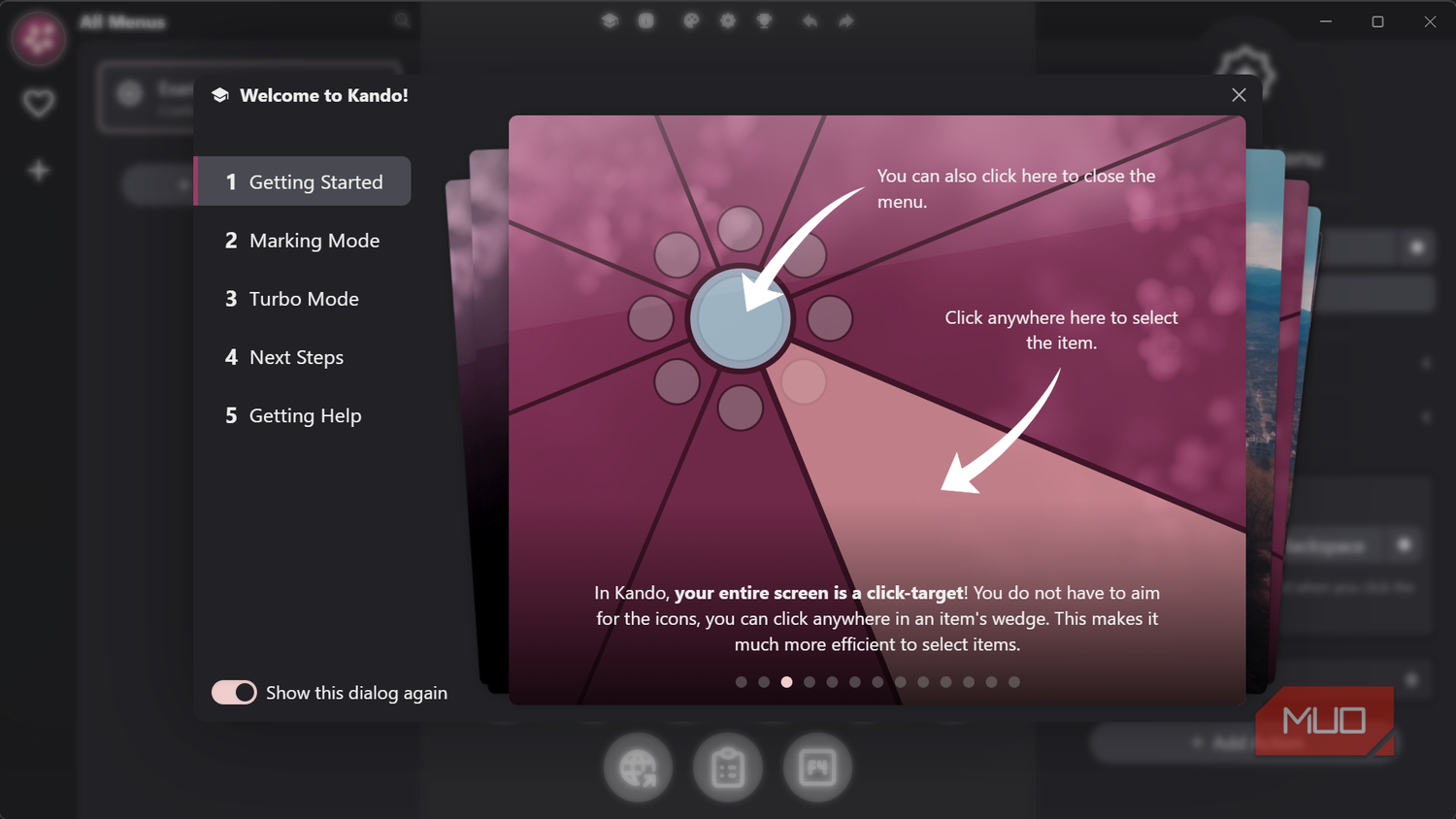 Welcome tutorial dialog for Kando app