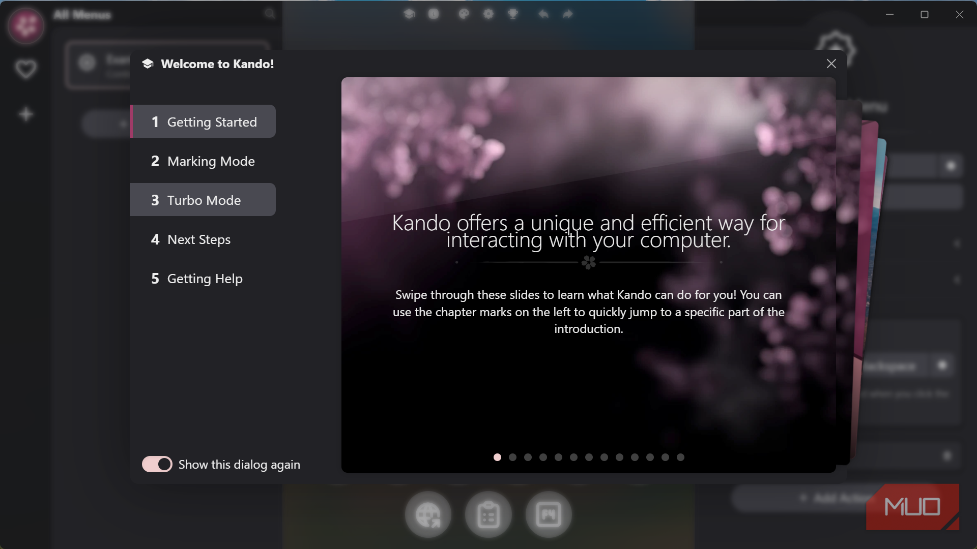 Welcome window for Kando application introduction slides