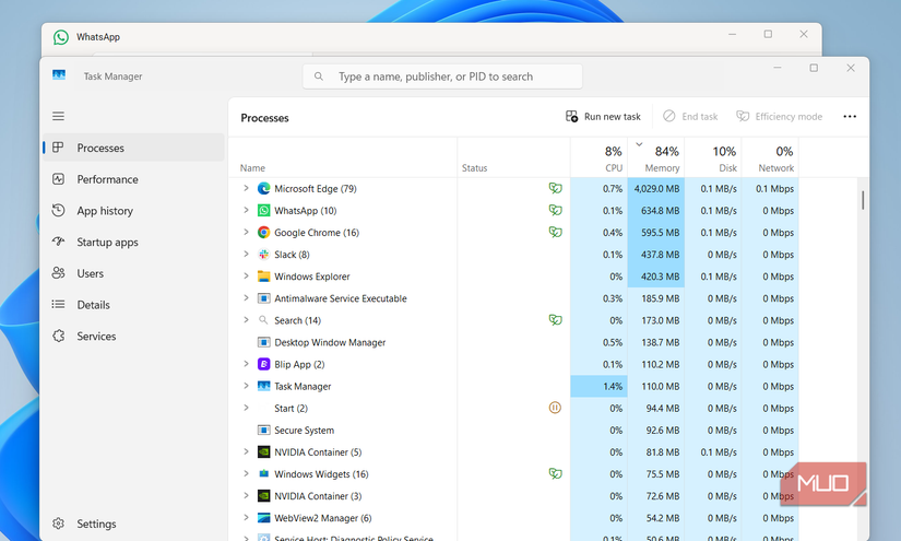 WhatsApp showing RAM usage