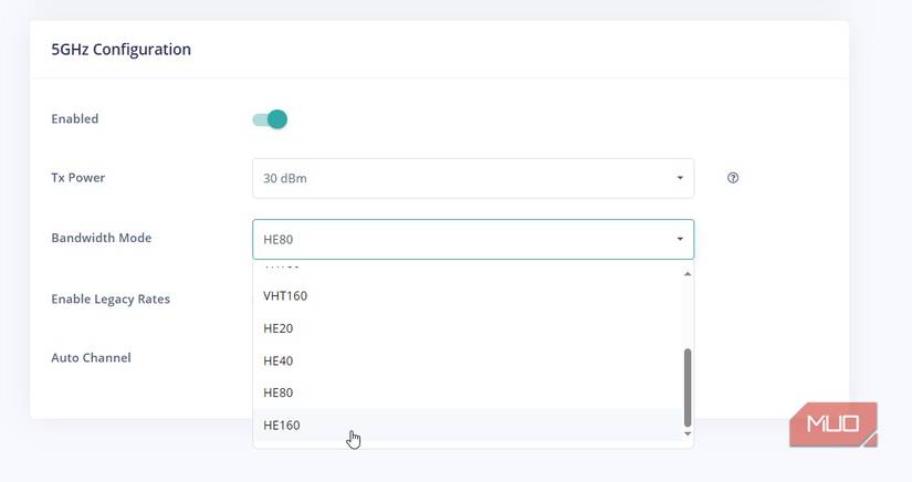 wifi router admin panel showing he160mhz channel option.