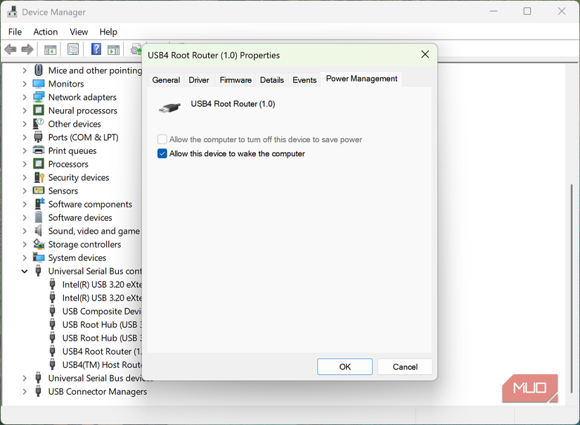 windows 11 device manager usb4 host properties and power management.