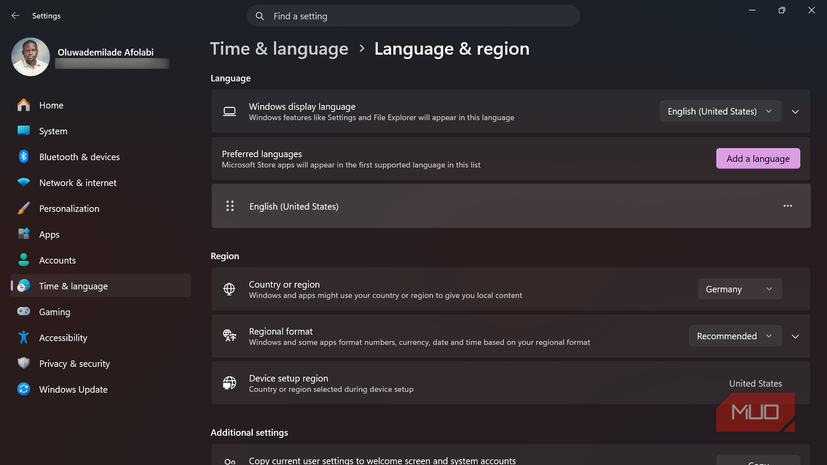 Windows 11 language and region settings page