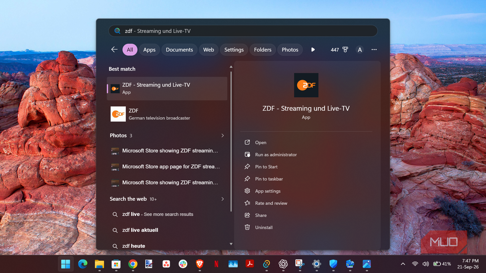 Windows 11 search menu showing ZDF app