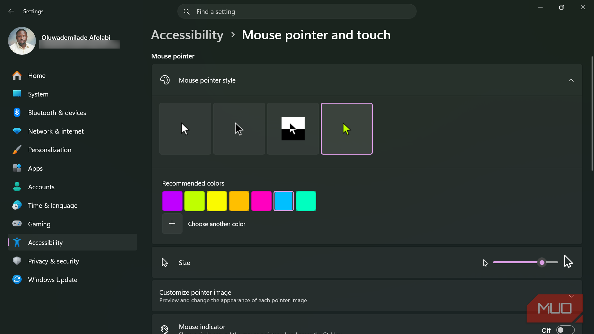 Windows 11 settings mouse pointer accessibility page