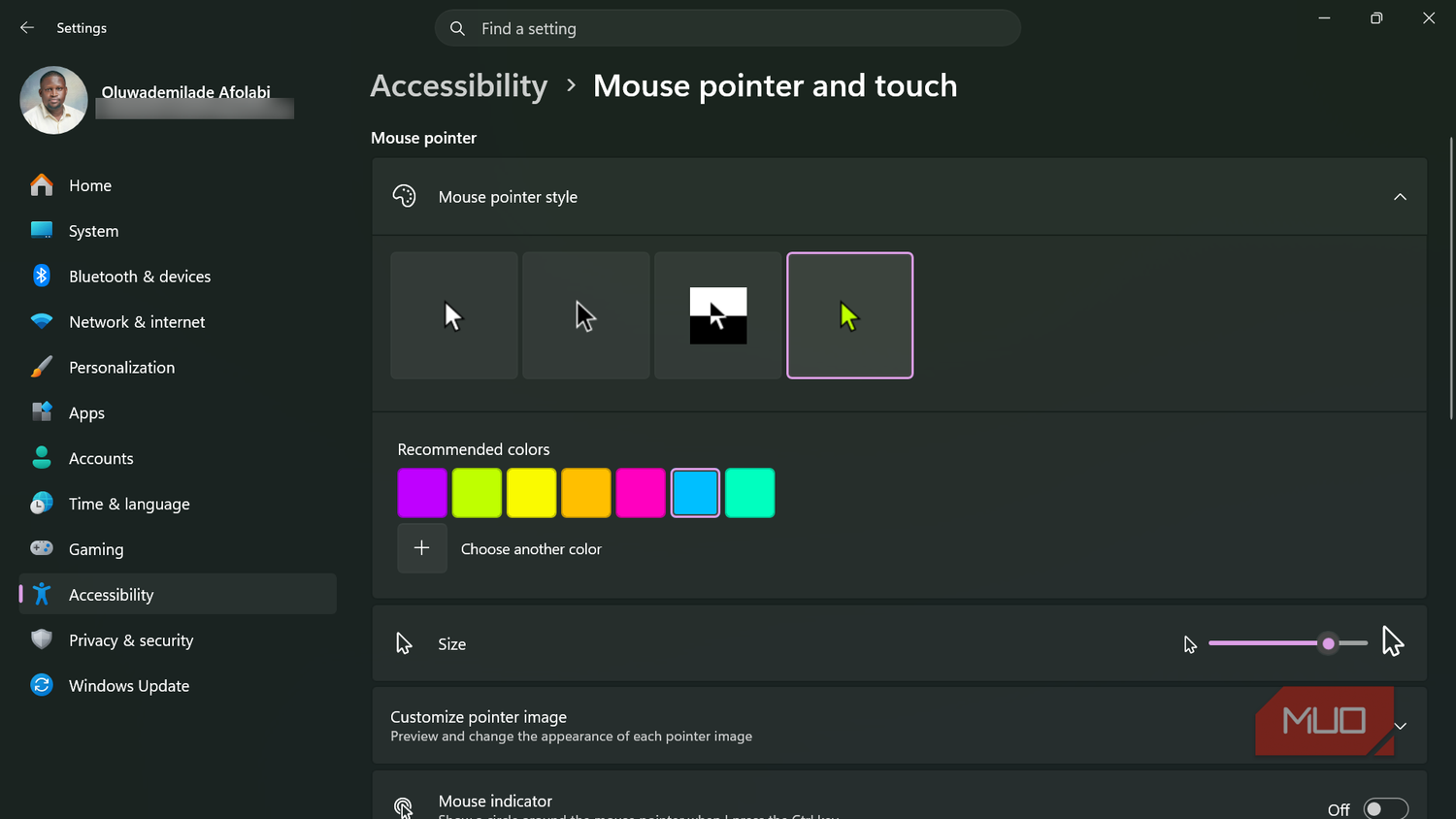 Windows 11 settings mouse pointer accessibility page