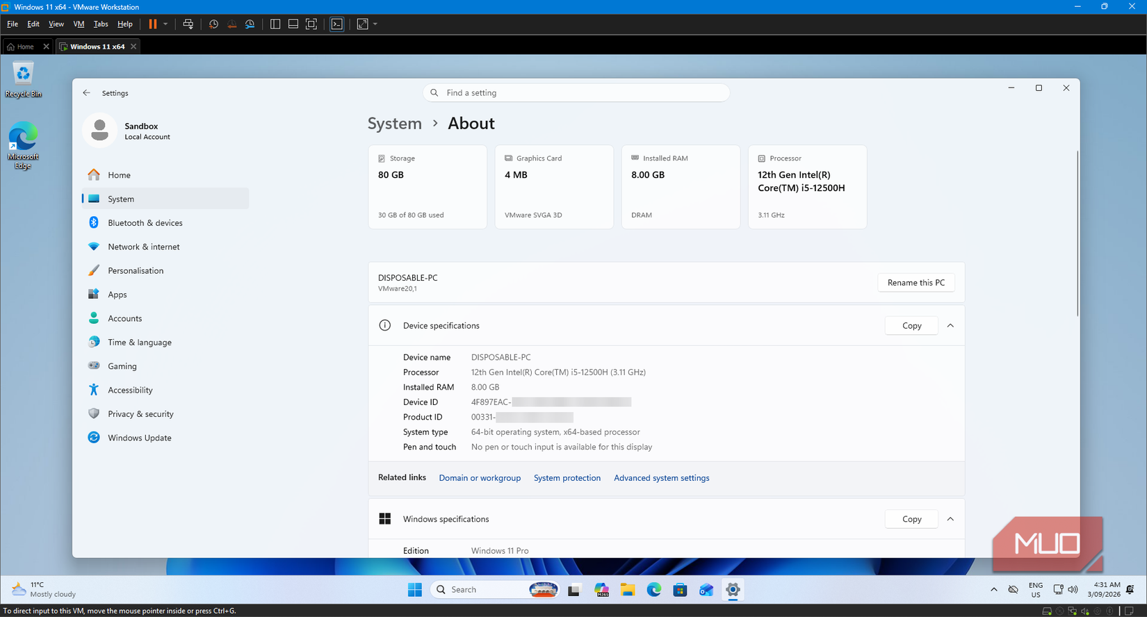 Microsoft Windows 11 VM дар бораи система