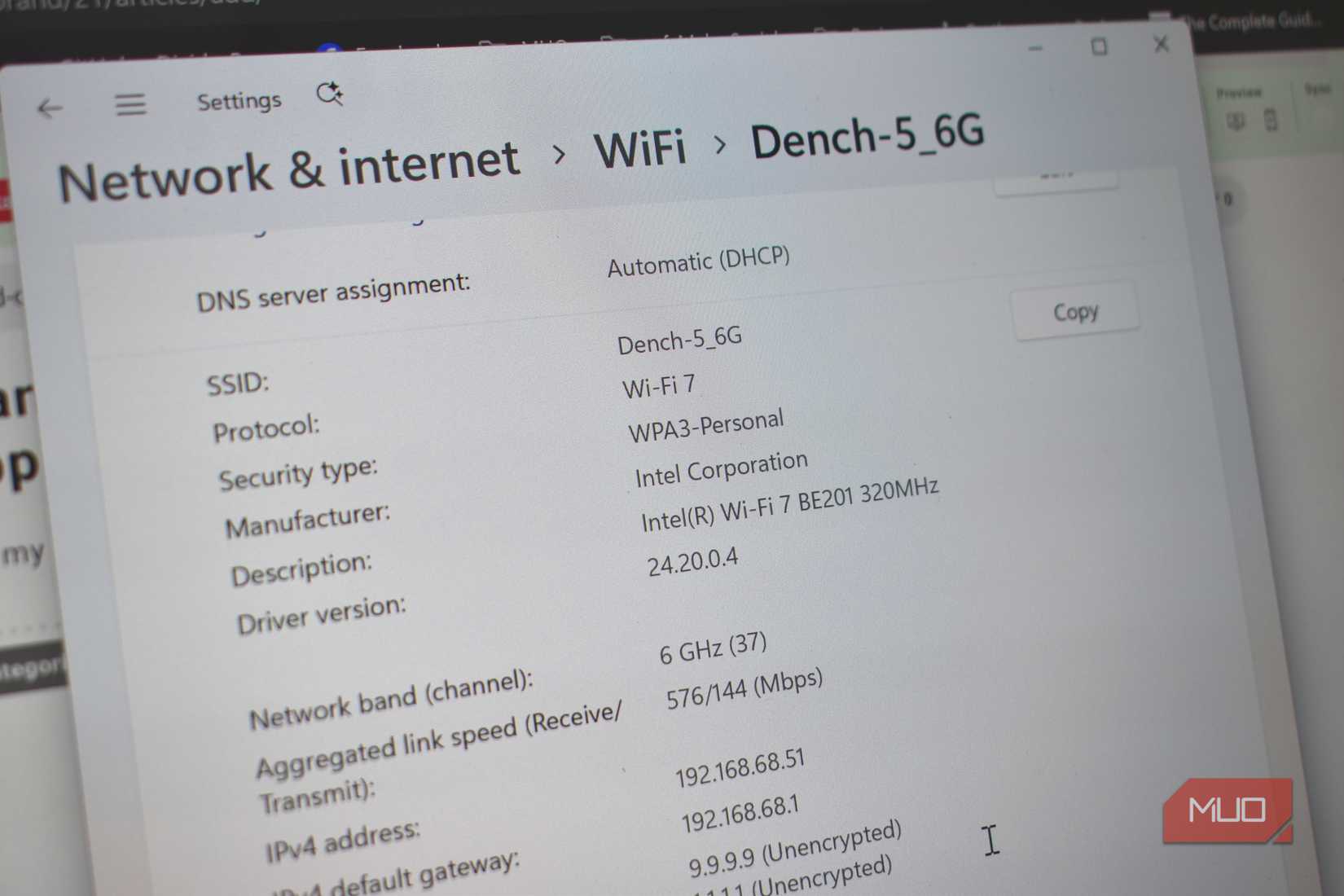windows 11 wifi settings showing wifi 7 connection with wpa3 security.