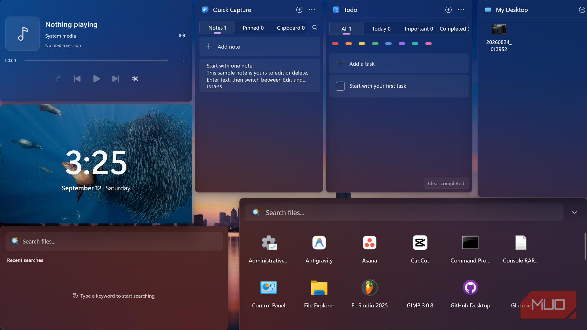 Windows desktop interface with widgets and application search