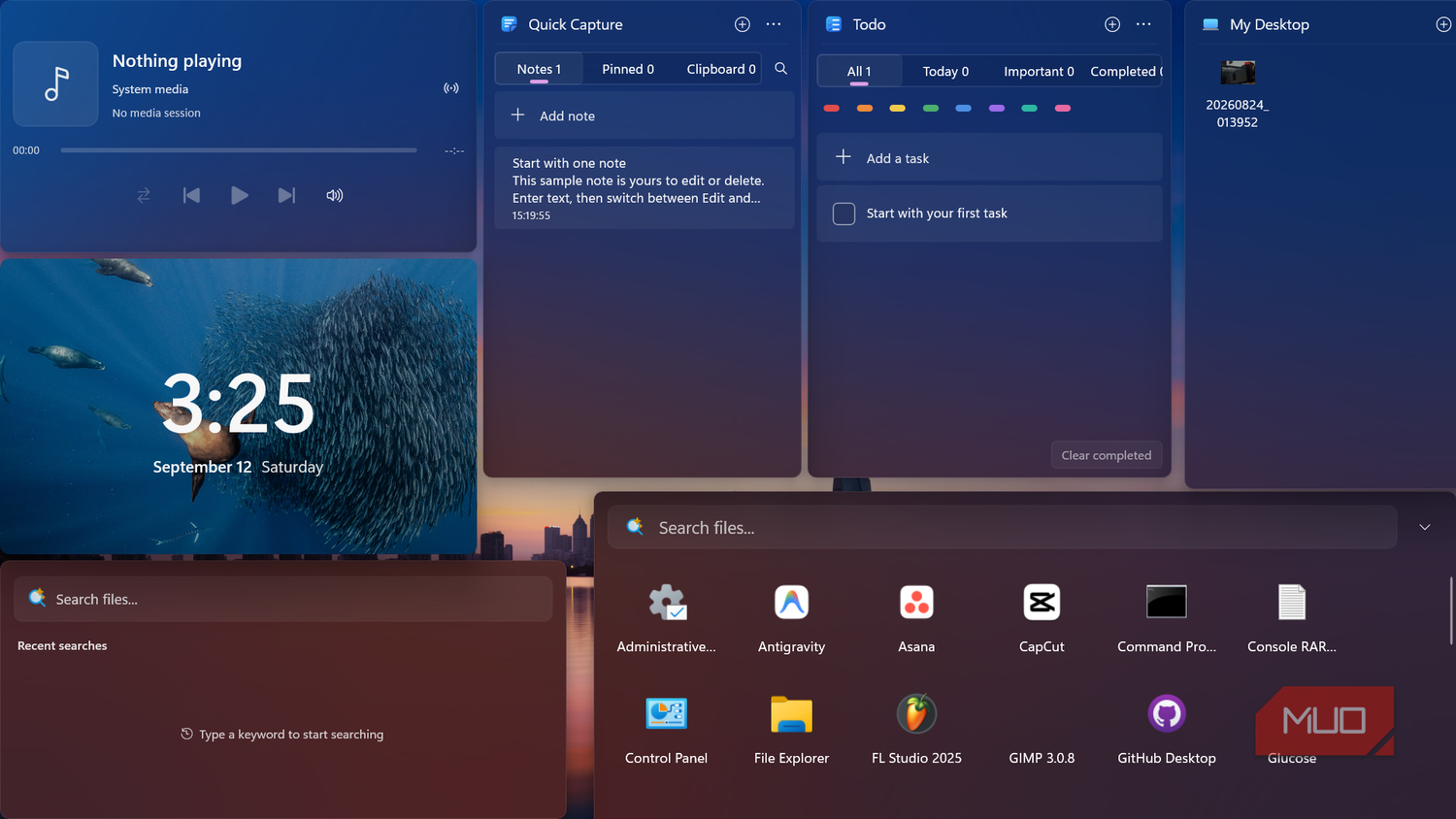 Windows desktop interface with widgets and application search
