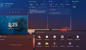 Windows desktop interface with widgets and application search