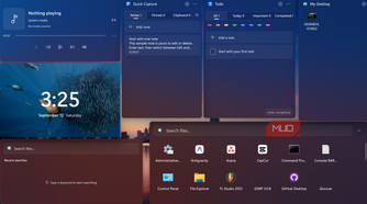 Windows desktop interface with widgets and application search