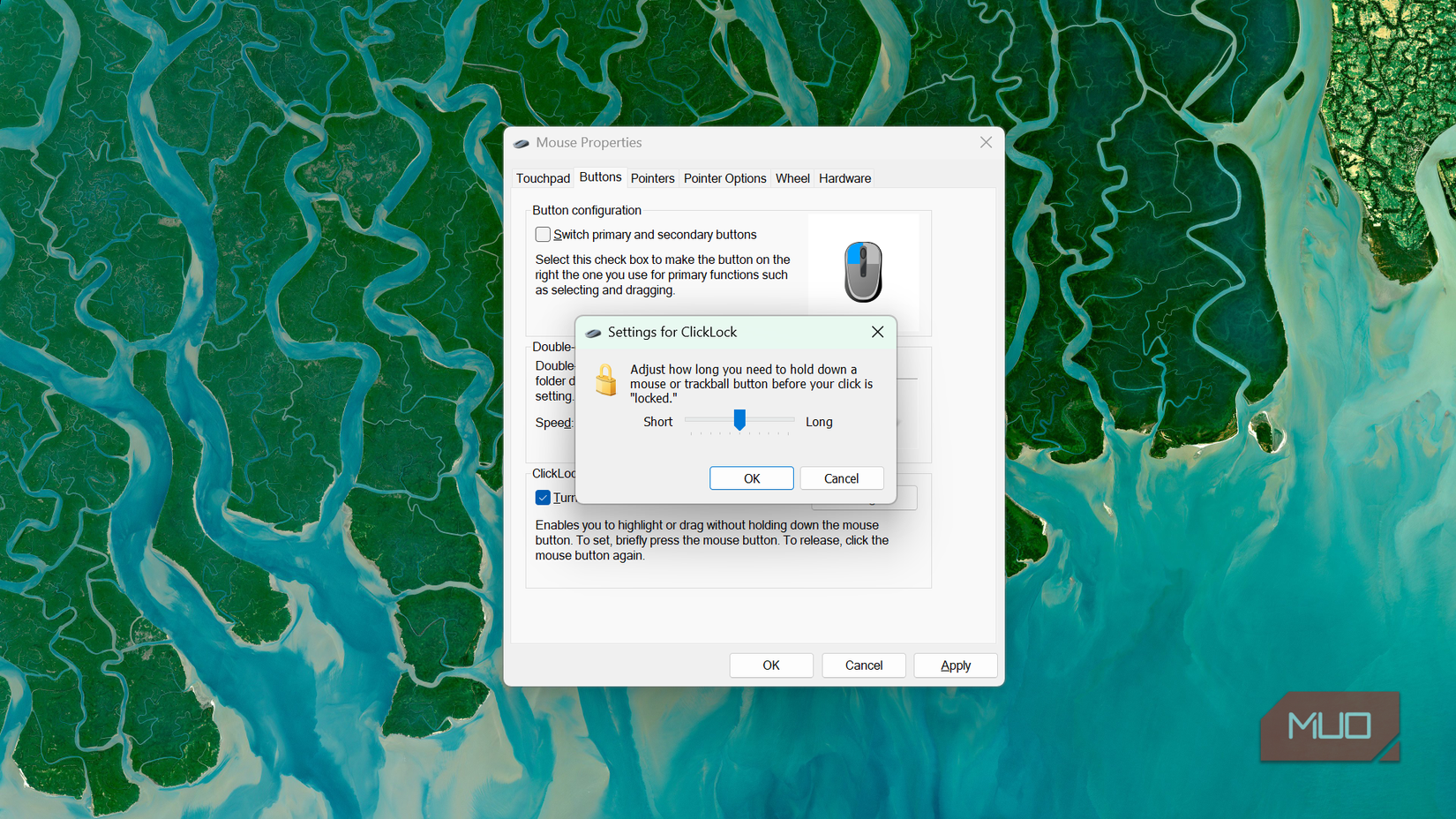 Windows mouse properties clicklock settings dialog box
