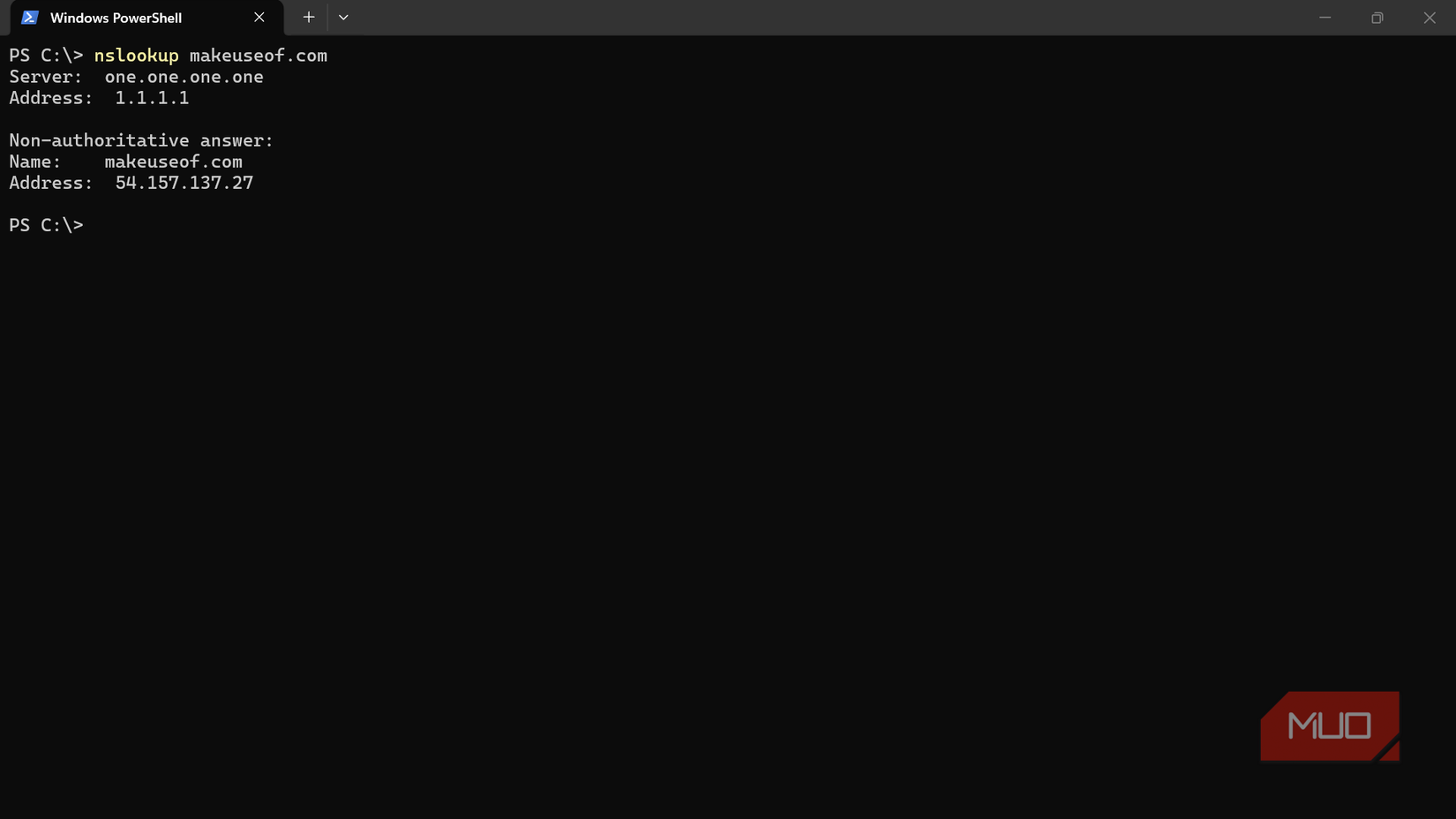 Windows nslookup resolving makeuseof.com to an IP address