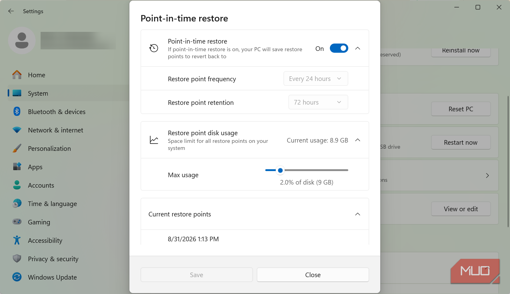 Windows post in time restore