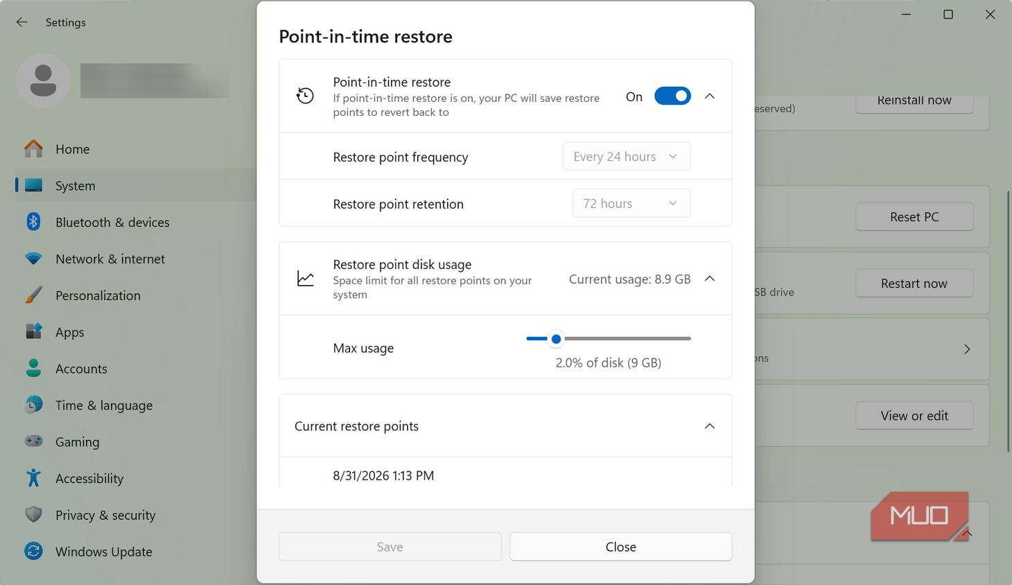 Windows post in time restore