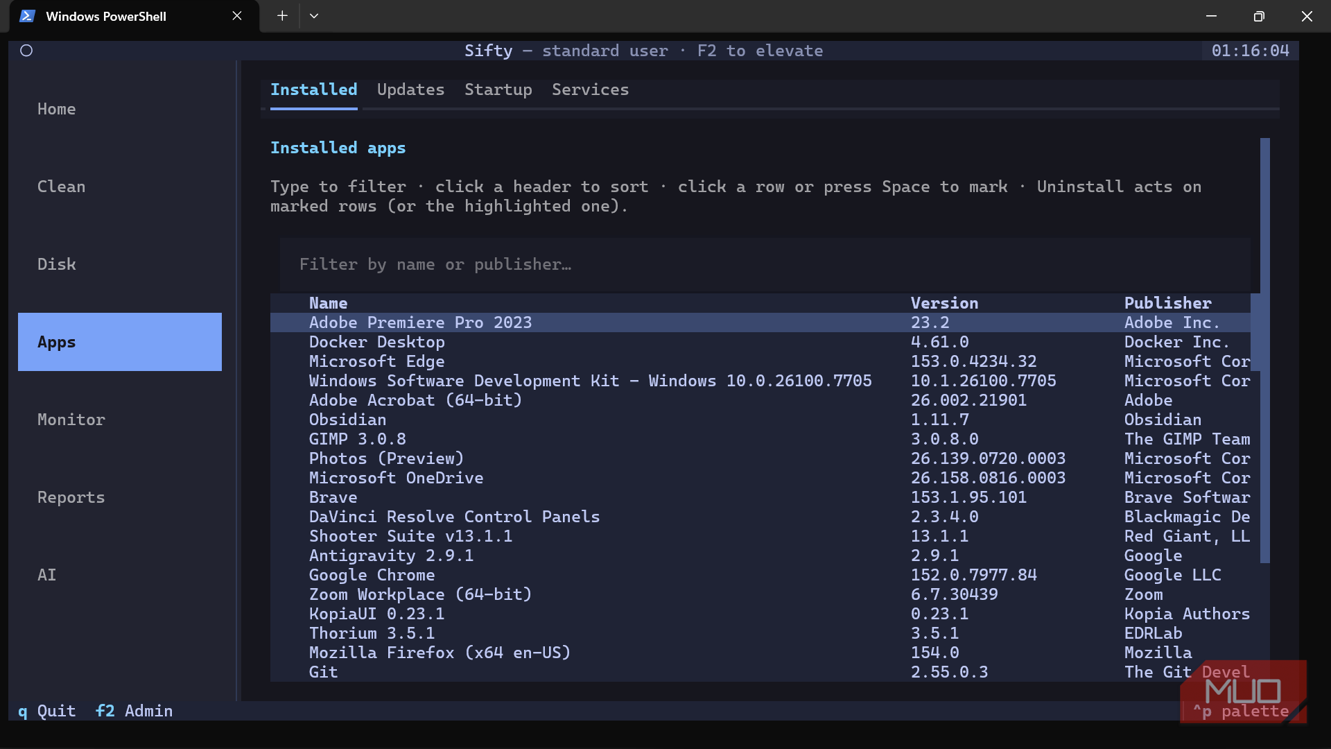 Windows PowerShell app manager showing installed applications.