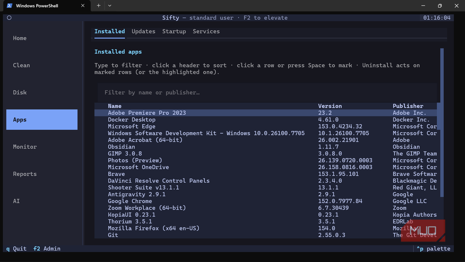 Windows PowerShell app manager showing installed applications.