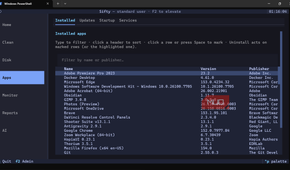 Windows PowerShell app manager showing installed applications.