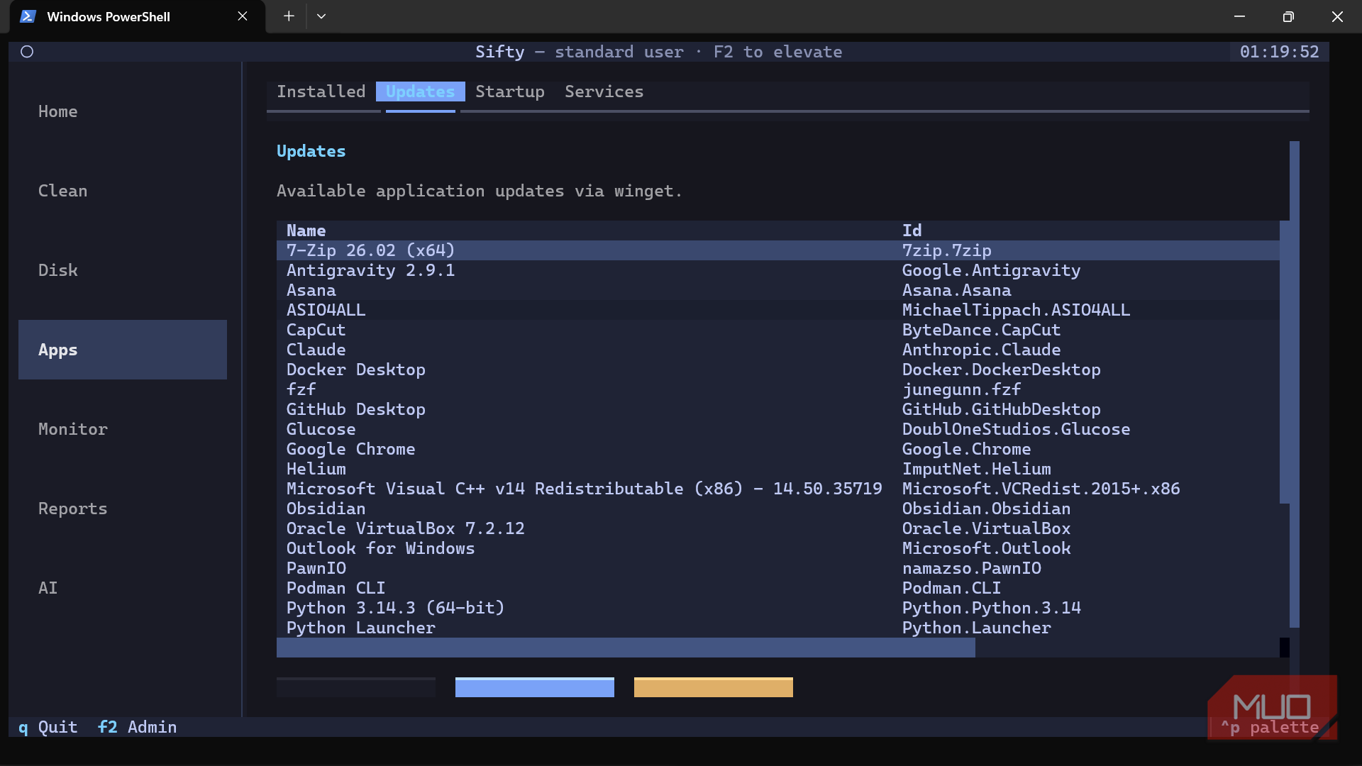 Windows PowerShell app showing available software updates.