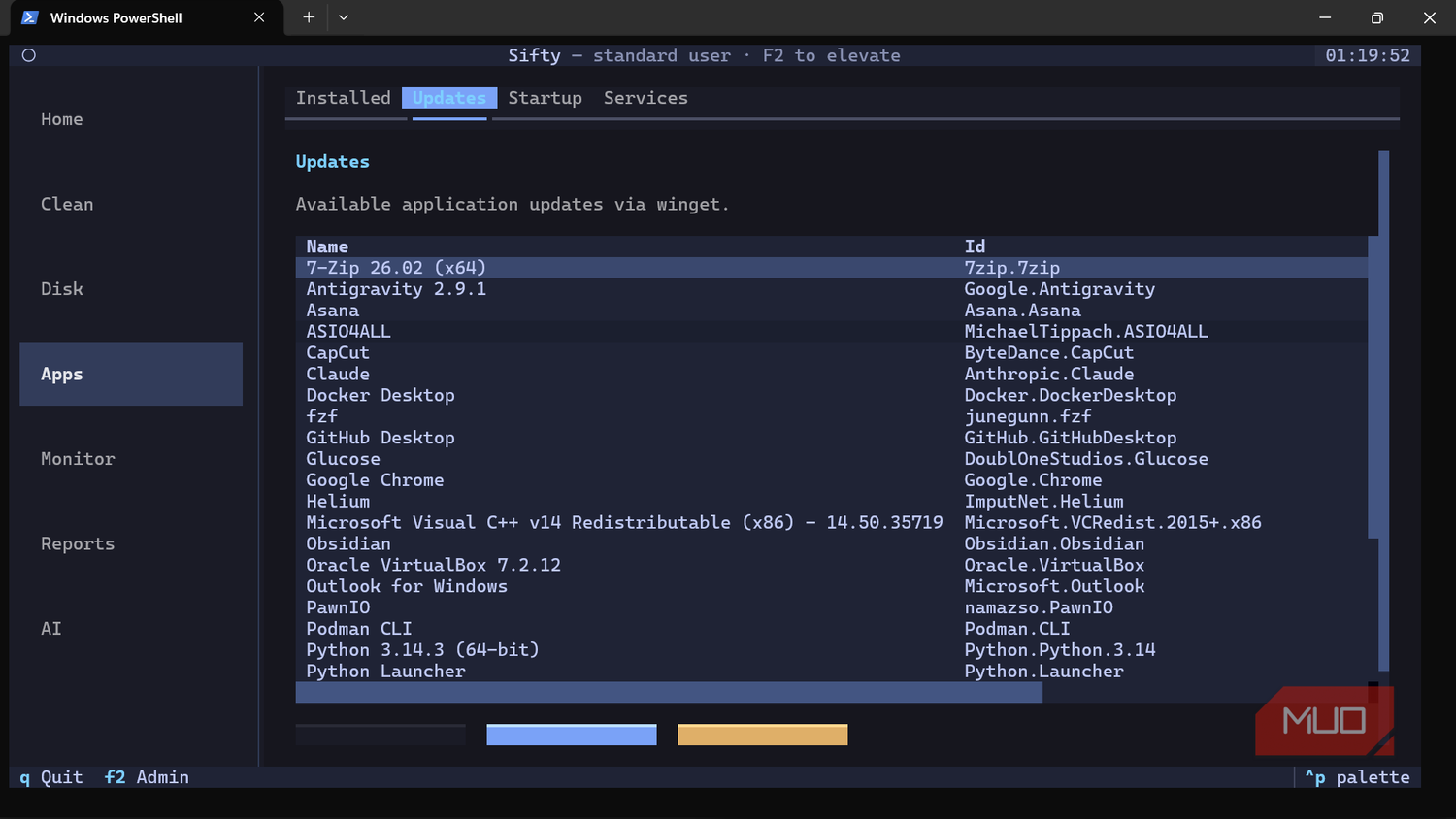 Windows PowerShell app showing available software updates.
