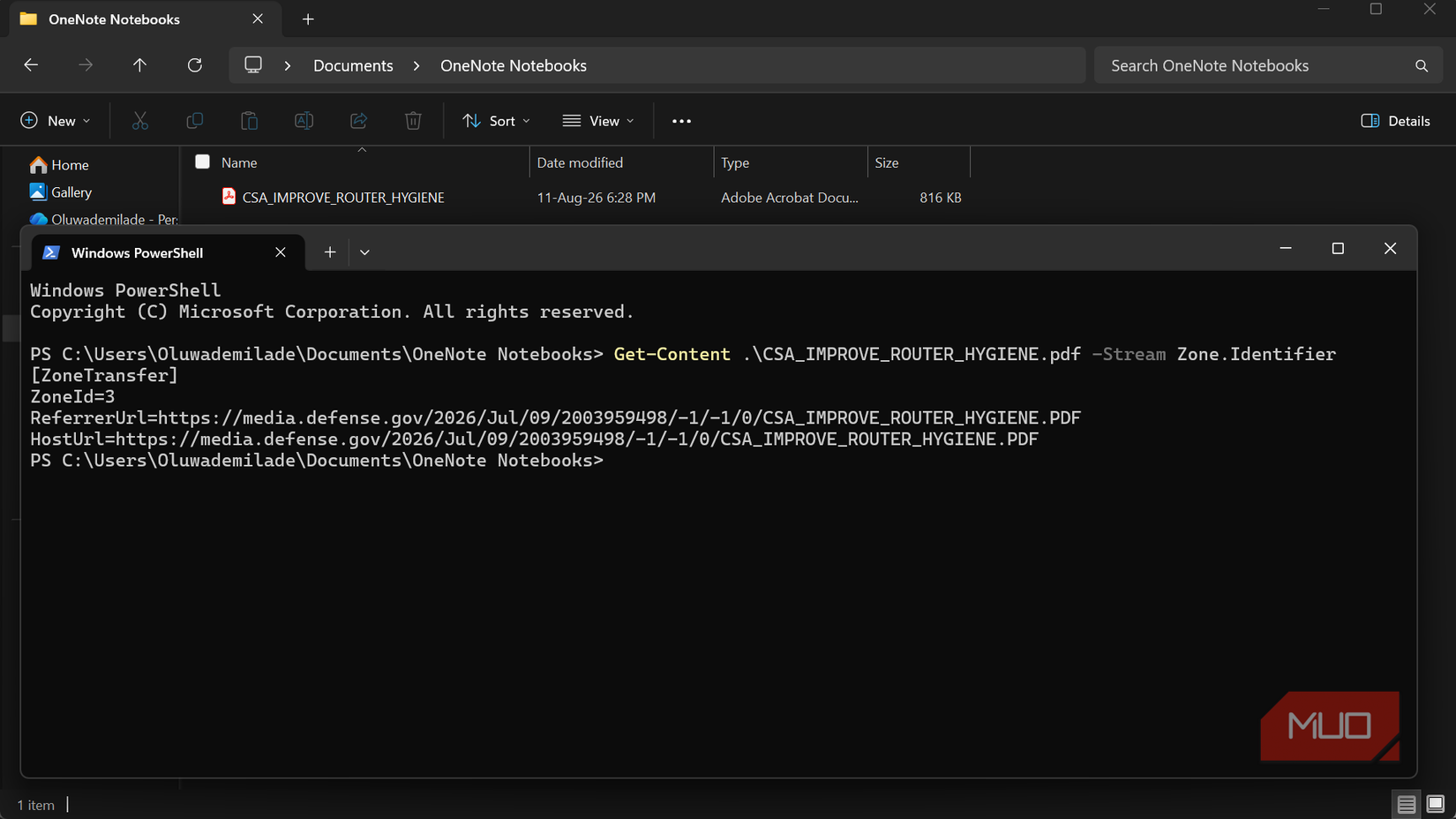 Windows PowerShell command window showing file stream content.