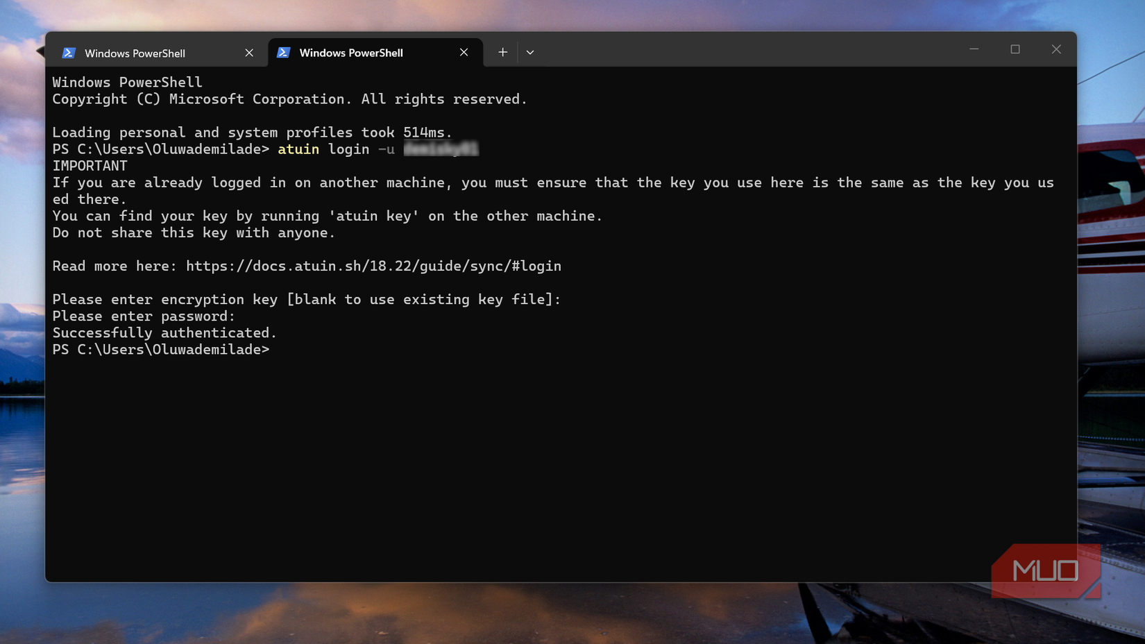 Windows PowerShell running Atuin login command.