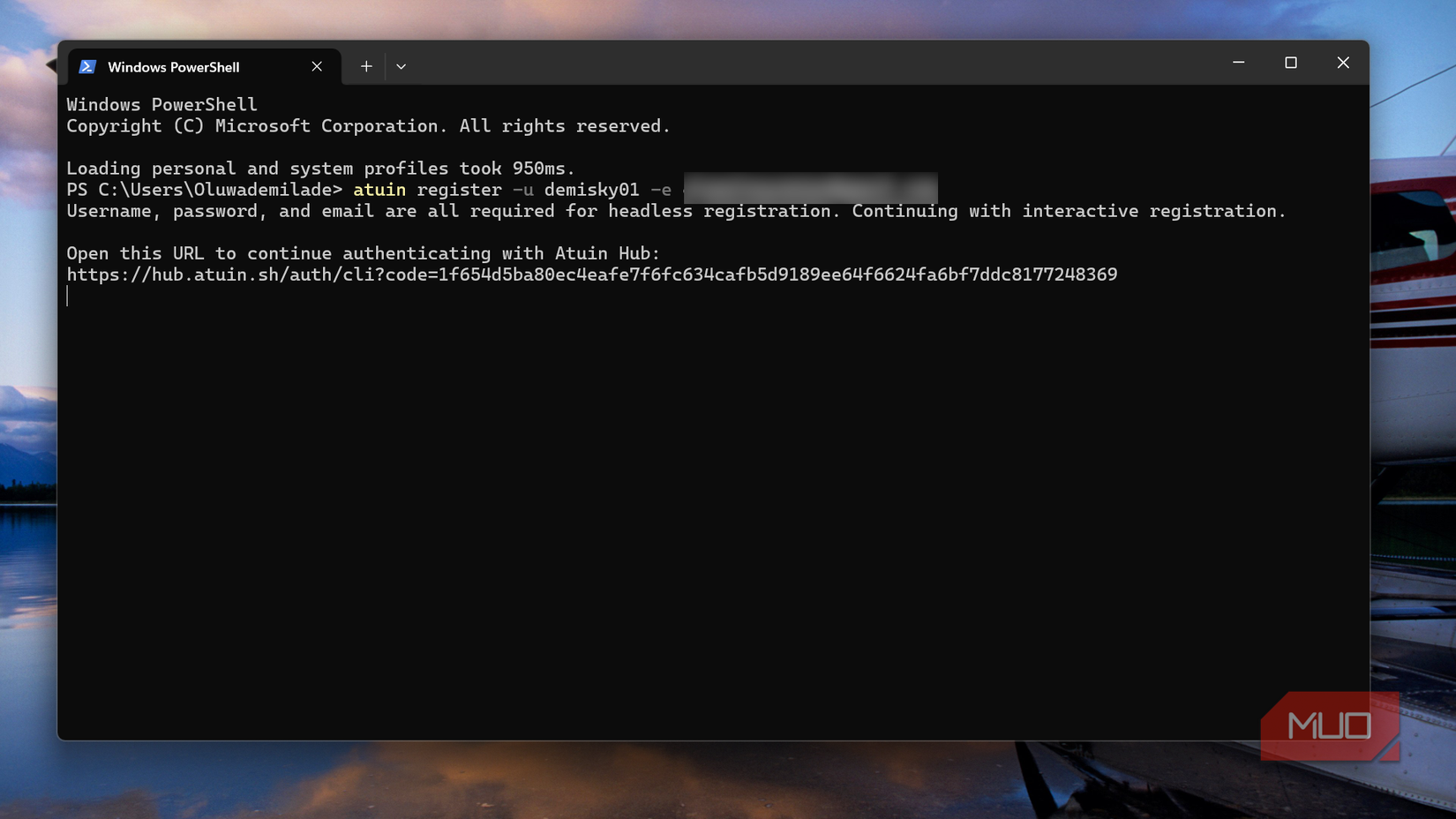 Windows PowerShell running Atuin registration command