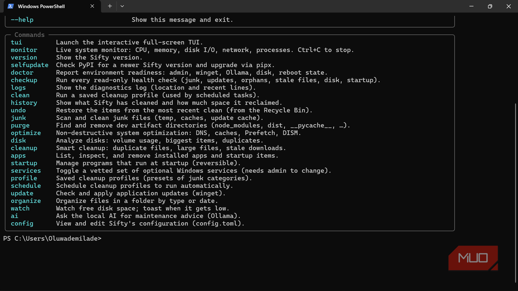 Windows PowerShell showing help menu commands.