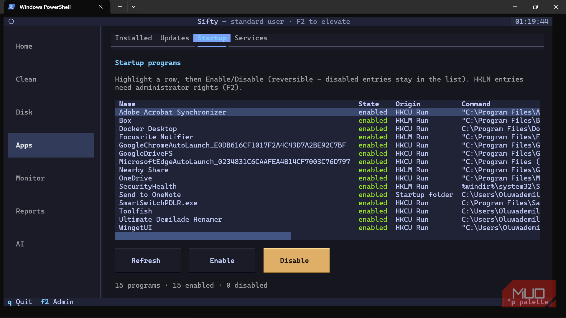 Windows PowerShell showing startup programs list