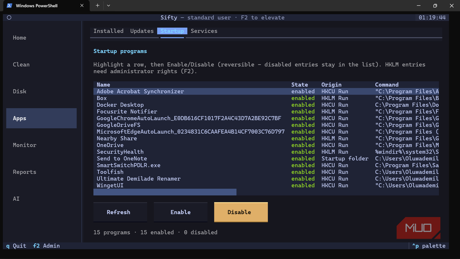 Windows PowerShell showing startup programs list