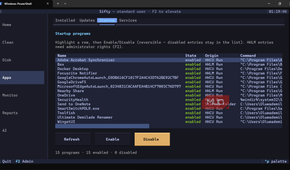 Windows PowerShell showing startup programs list