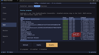 Windows PowerShell showing startup programs list