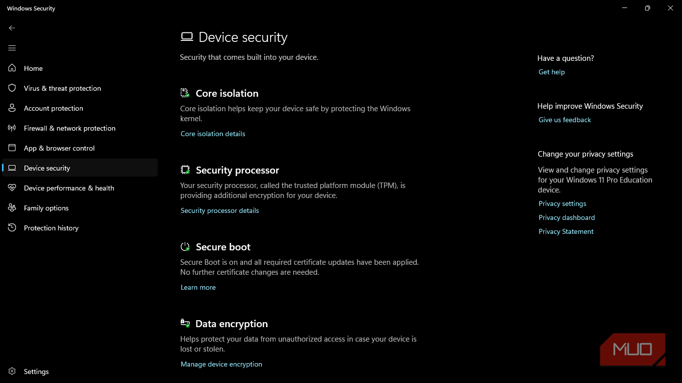 Windows security device security settings page