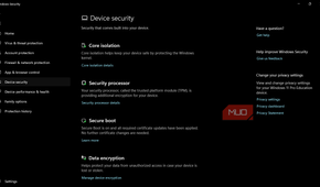 Windows security device security settings page
