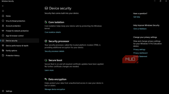 Windows security device security settings page