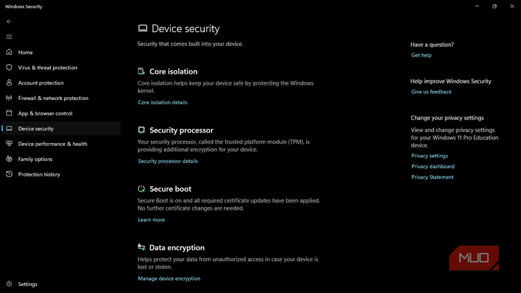 Windows security device security settings page