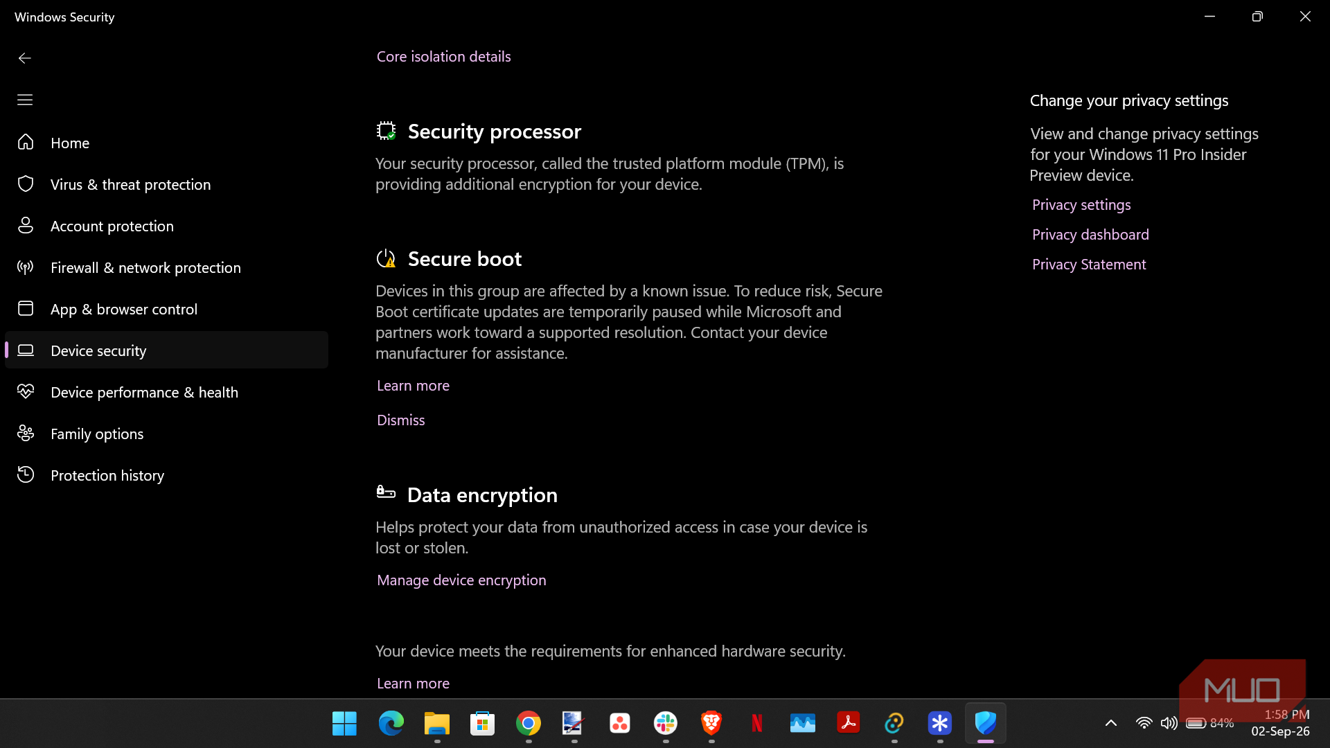 Windows security settings device security core isolation