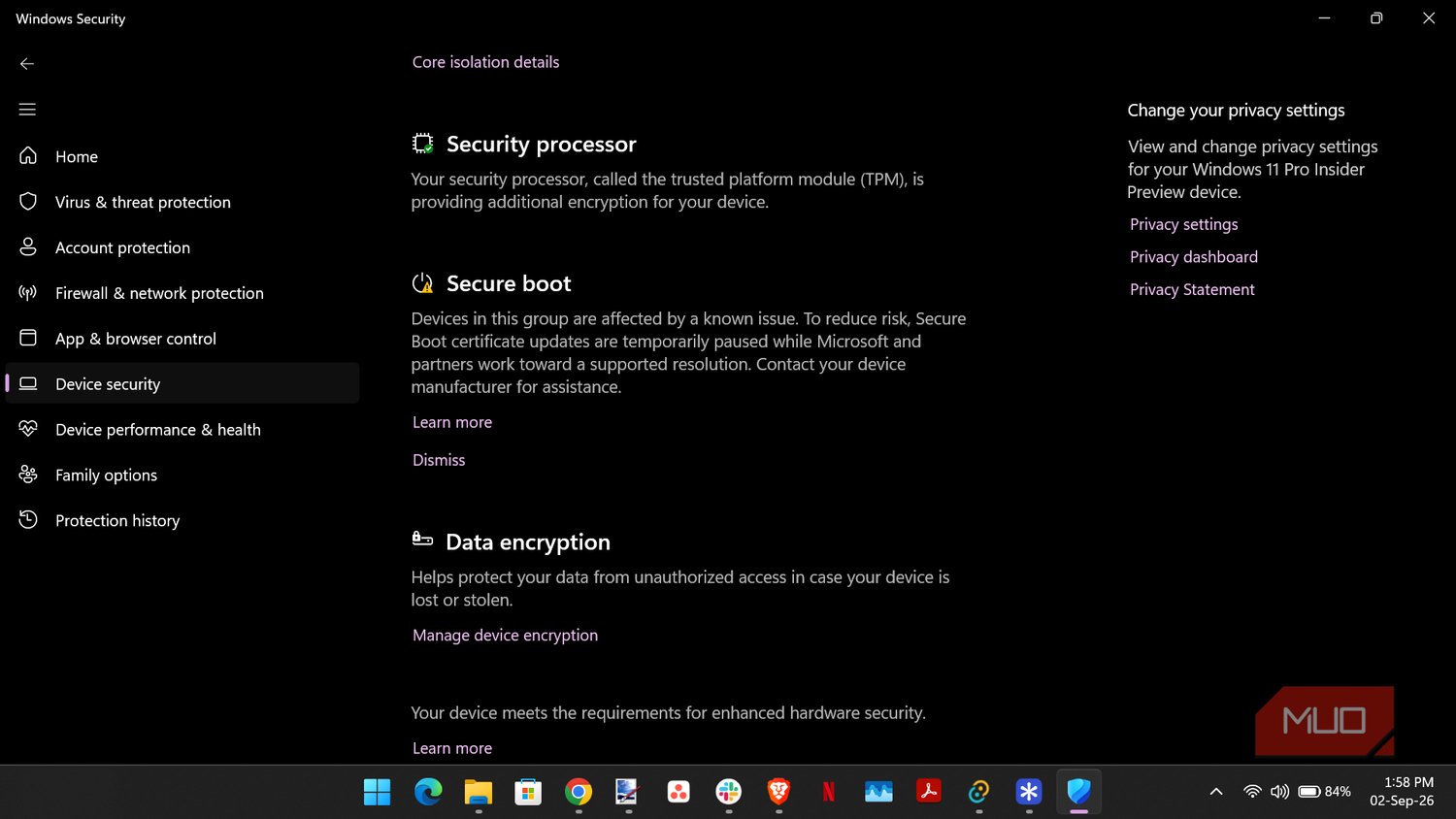 Windows security settings device security core isolation