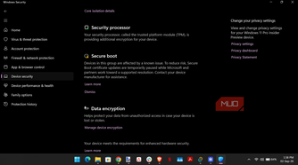 Windows security settings device security core isolation