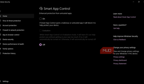 Windows Security Smart App Control settings page