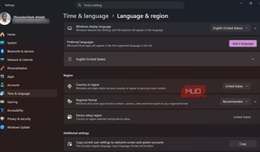 Windows settings language and region options