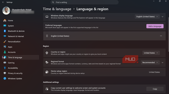 Windows settings language and region options