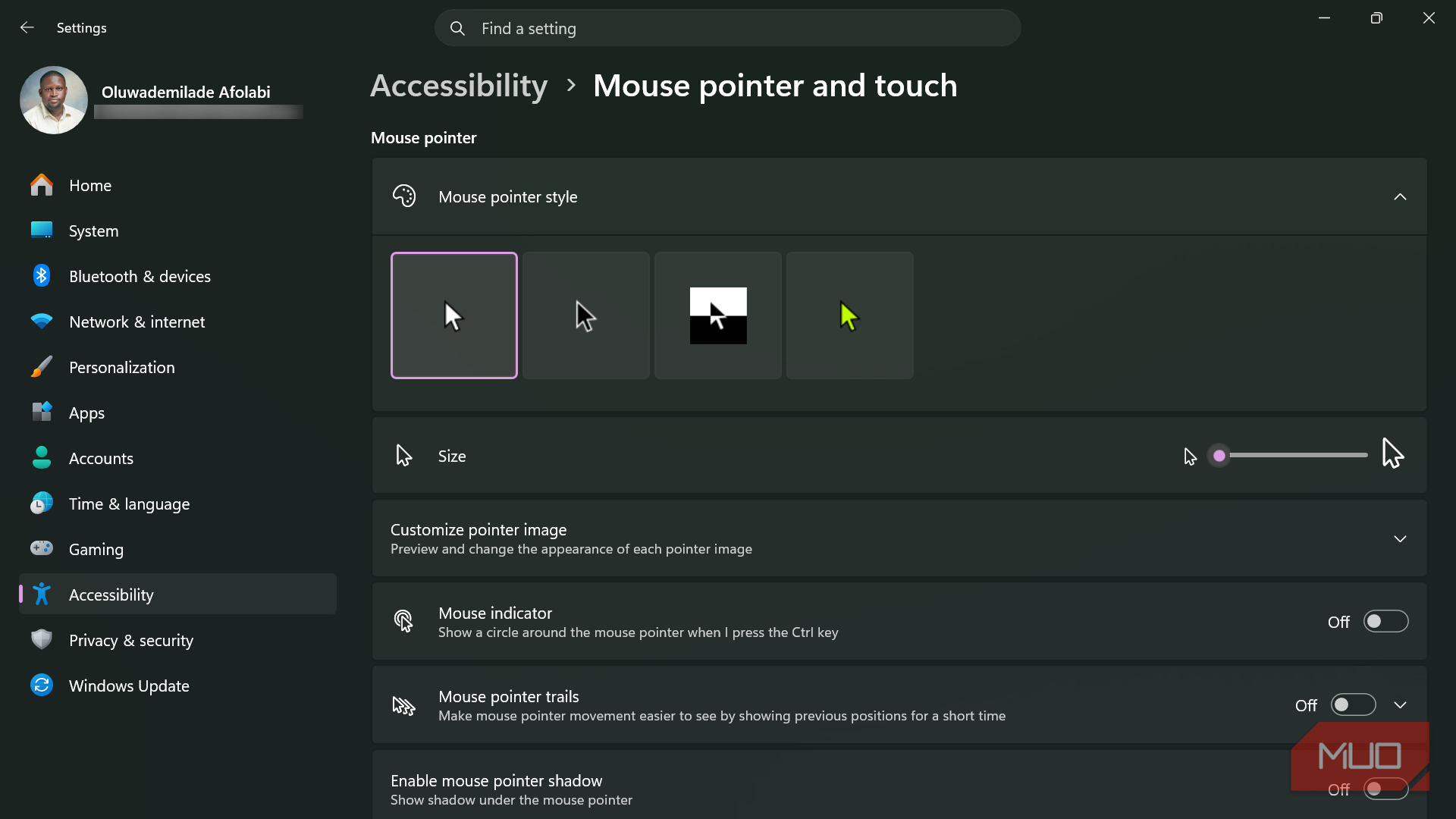 Windows settings mouse pointer and touch accessibility
