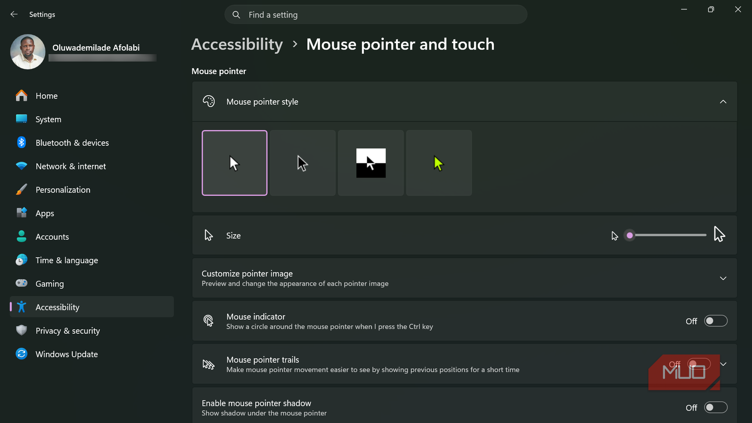 Windows settings mouse pointer and touch accessibility