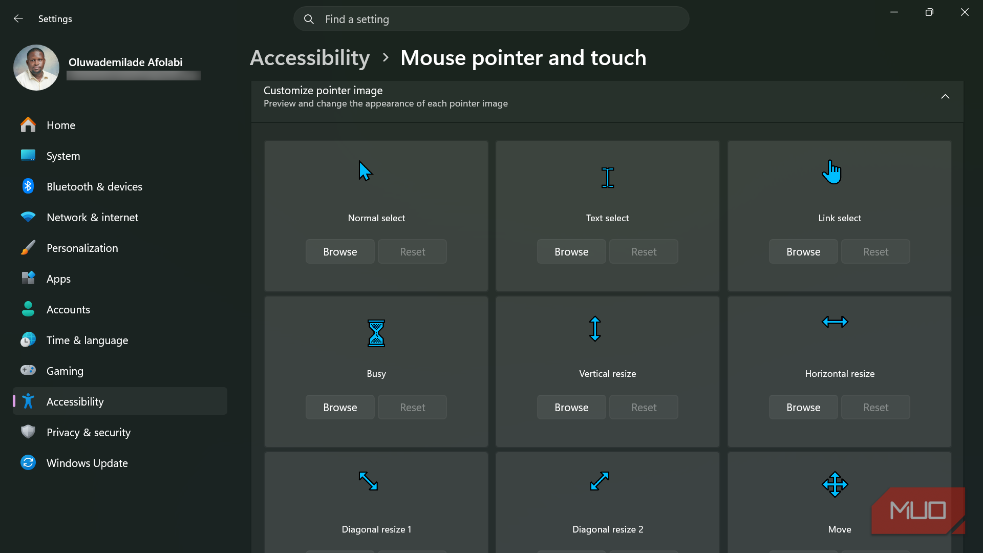 Windows settings mouse pointer and touch customization
