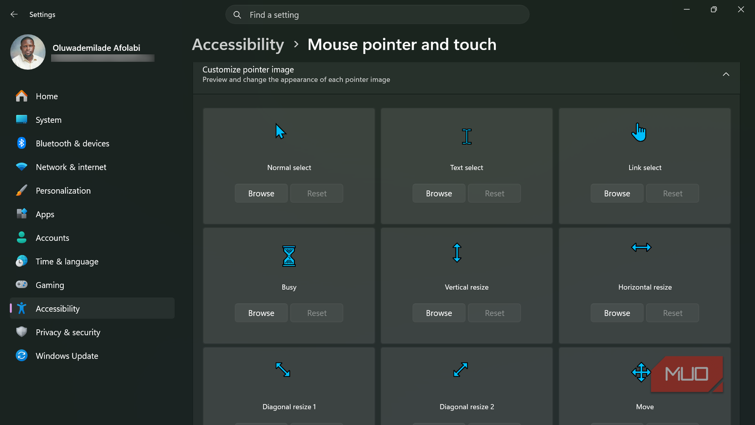 Windows settings mouse pointer and touch customization